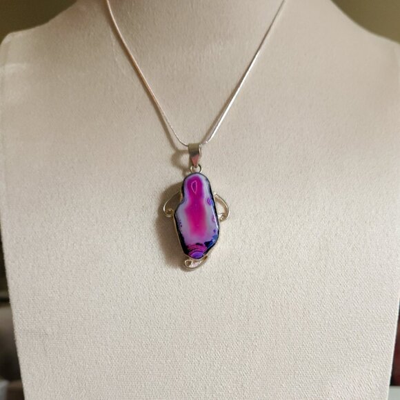 Natural Pink Botswana Agate 100% ARTISAN Pendant and Sterling Silver Chain - Picture 2 of 6